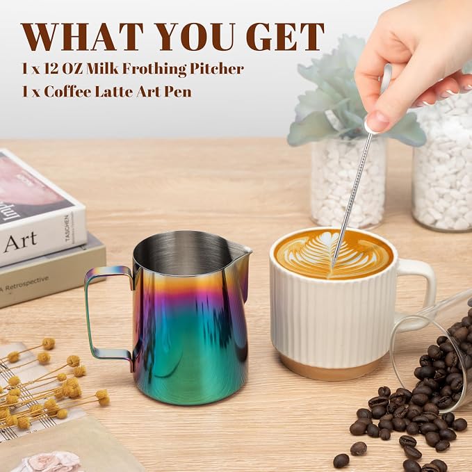 Amrules Milk Frothing Pitcher, 12 oz Milk Frother Cup with Clear Scale, 304 Stainless Steel Cappuccino Espresso Machine Accessories for Barista Coffee Bar with Latte Art Pen, Multicolor