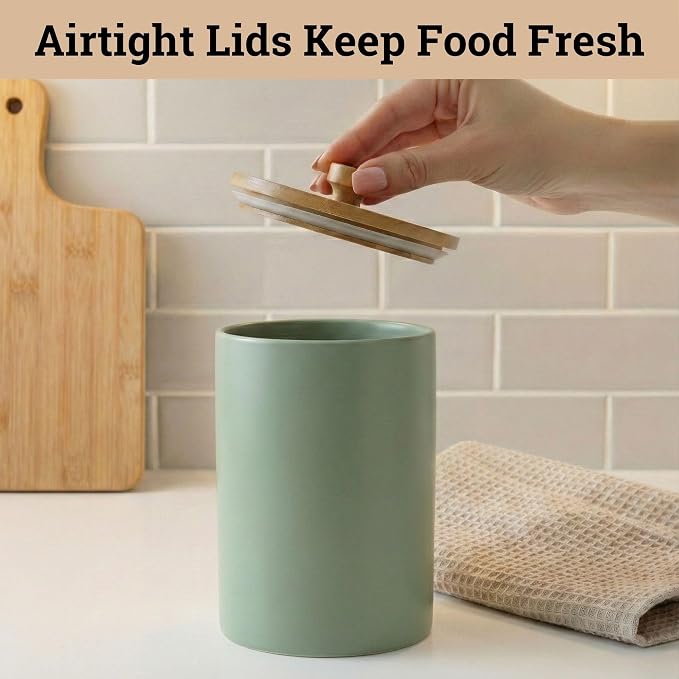 Ceramic Kitchen Canisters for Countertop Set of 3 w/ Airtight Bamboo Lids | Thick Sturdy Ceramic, Matte Finish, Airtight Easy Open Bamboo Lids, Comfortable Bamboo Handles, Jar Volumes: 2, 1, 0.5 quarts