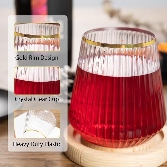 N9R 24PCS Plastic Wine Glasses Disposable, 14 oz Gold Rim Cocktail Spritz | Clear Gold Stemless Champagne/Whiskey/Drinking Cups, Fancy Origami Ripple, Shatterproof, for Parties, Weddings, Pool and Bar