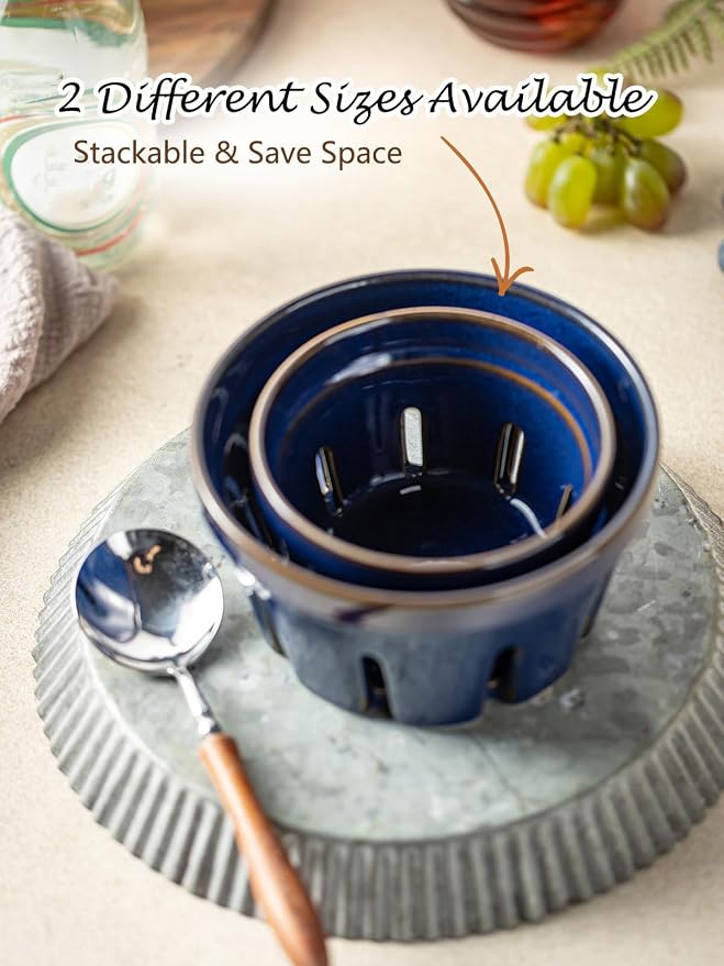 Gomakren Ceramic Berry Basket Set of 2, Fruit Bowl with Holes, Cobalt Blue | Drain Holes Keep Berries Fresh, Stackable Space-Saving, Dishwasher Safe, Versatile Fruit Serving & Farmhouse Kitchen Decor
