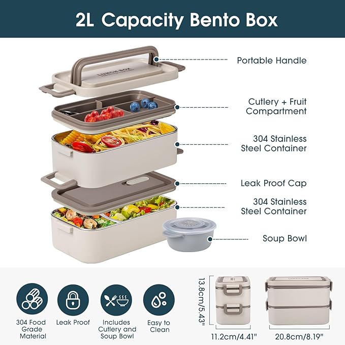 Bento Box Adult Lunch Box, Stackable 2 Layer 304 Stainless Steel Lunch Container for Adults Kids Office, 2L Capacity Portable Lunch Box Containers with Soup Bowl Spoon and Fork