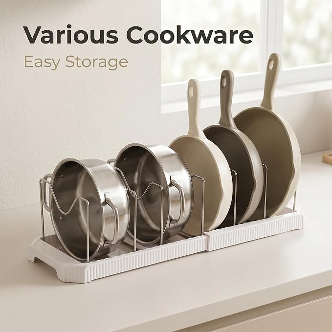 2 Pack Expandable Pot and Pan Organizer Rack for Kitchen Cabinet | Adjustable Lid Holder with 7 Adjustable Dividers Pot and Pan Lid Holders Rack Space-Saving Storage for Renters Homes