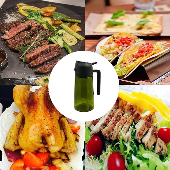 2-in-1 Olive Oil Sprayer & Dispenser, Leakproof 16oz Refillable Glass Spray Bottle for Cooking, Air Fryer & Salad