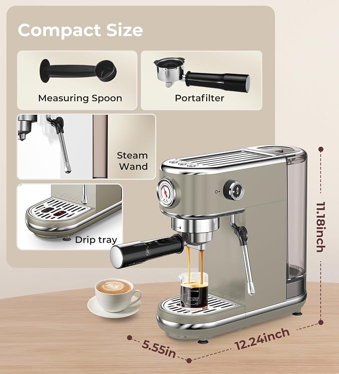 atatix 20 Bar Espresso Machine with Milk Frother, Compact Espresso Maker | Stainless Steel Coffee Machine with Precise Temp Control & 44oz Removable Water Tank for Latte, Cappuccino, Light Grey