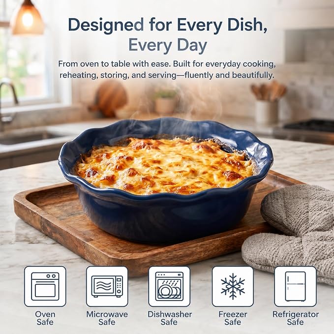 ONEMORE Pie Pans, 6.8 inch Small Chicken Pot Pie Plates 16 oz Deep Dish Pie Pan Ceramic Baking Plates for Dessert Oven Safe Round Baking Dish Pans Set of 4 - Blue