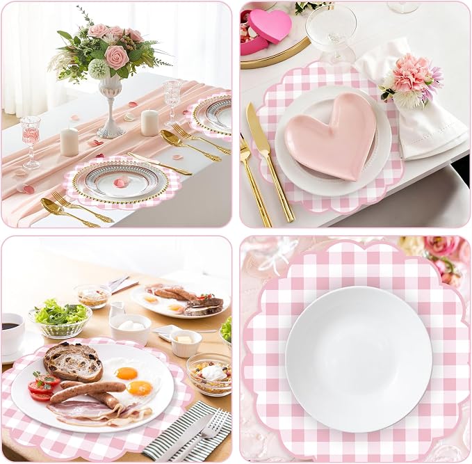 50Pcs Checkered Paper Placemats Pink Gingham Place Mats 13.5 Inch Scalloped Checkered Place Mats Disposable Table Placemats for Table Setting BBQ Baby Shower Wedding Bridal Banquet Tea Party