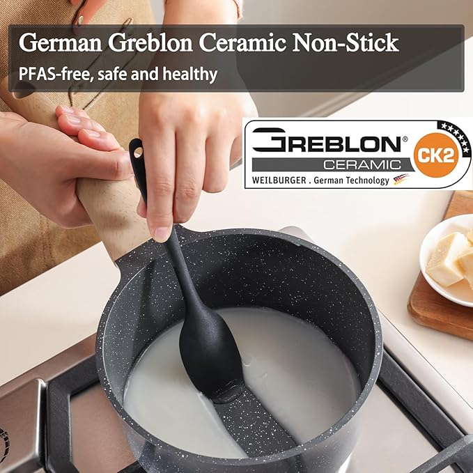 Nonstick Saucepan with Lid, 2 Quart German Greblon Ceramic Sauce Pan, Non Toxic Sauce Pot with Cover for Multipurpose Use, PTFE, PFOA & PFAS Free, Induction Compatible.