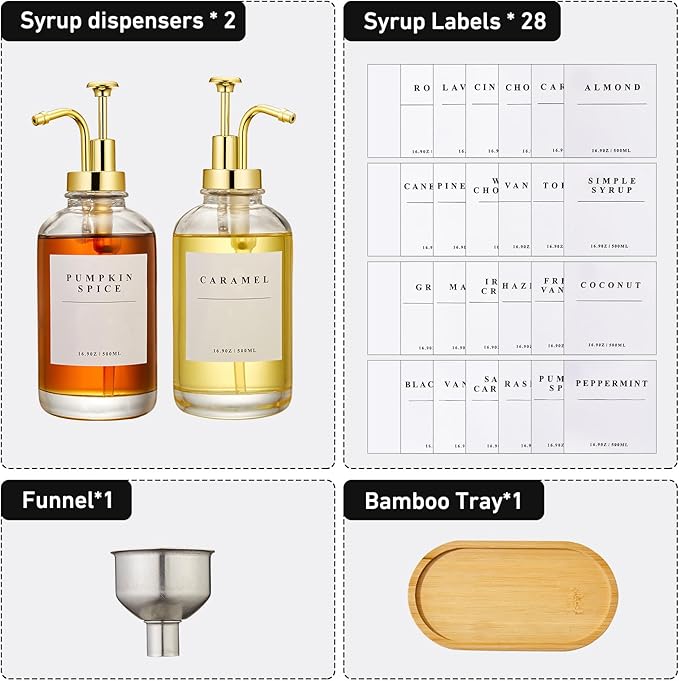 Coffee Syrup Dispenser for Coffee Bar with Gold Upgraded Pump, 2 Pack | 16.9 oz 500 ml Syrup Dispensers, Coffee Syrup Pump Dispenser, Glass Syrup Bottle 28 Labels and Bamboo Tray