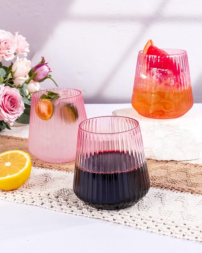 Ciaell 30 Pack Pink Plastic Wine Glasses for Weddings Parties | 12 oz Clear Pink Ribbed Origami Stemless Wine Cups, Heavy Duty Plastic, Champagne Wine Cocktails Whiskey for Baby Showers
