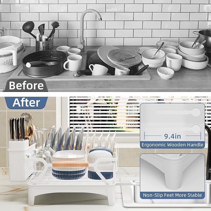 Dish Drying Rack,Space Saving Dish Drainer for Kitchen Counter & Sink,White | Rustproof,Riser Feet,Wooden Handle,Cup Holder & Knife Slots,Expandable Spout,Auto-Drainage System,Sink Storage Organizer