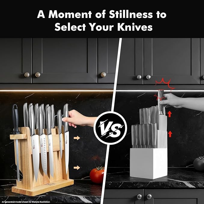 Japanese Knives Set for Kitchen, Magnetic Knife Set with Block and Sharpener, Stainless Steel Knife Set as Gift for Couple, Wedding, Women or Mom with Gift Box, 14 PCS Black Dot