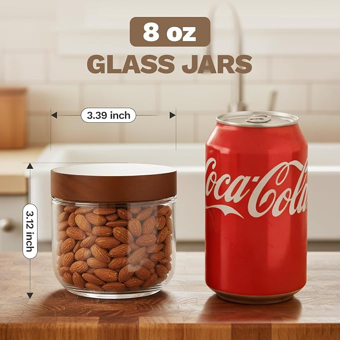 Bumobum 8 oz Glass Jars with Wood Lids, Loose Leaf Tea Storage, 6 Pack | Acacia Wood Lids, Airtight Seal, Easy to Fill, Small Food Containers for Coffee, Snacks, Yogurt, Spices, Pantry Storage