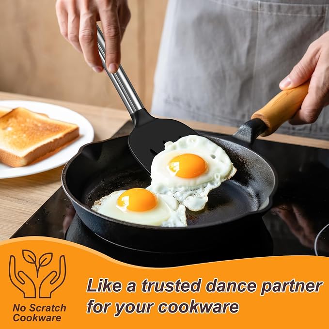 Yoehka Silicone Cooking Utensils Set, 4Pcs Spatula and Spoon Set, Black | For Non-stick Cookware, Heat Resistant 446°F (232°C), Stainless Steel Handle, Food Grade
