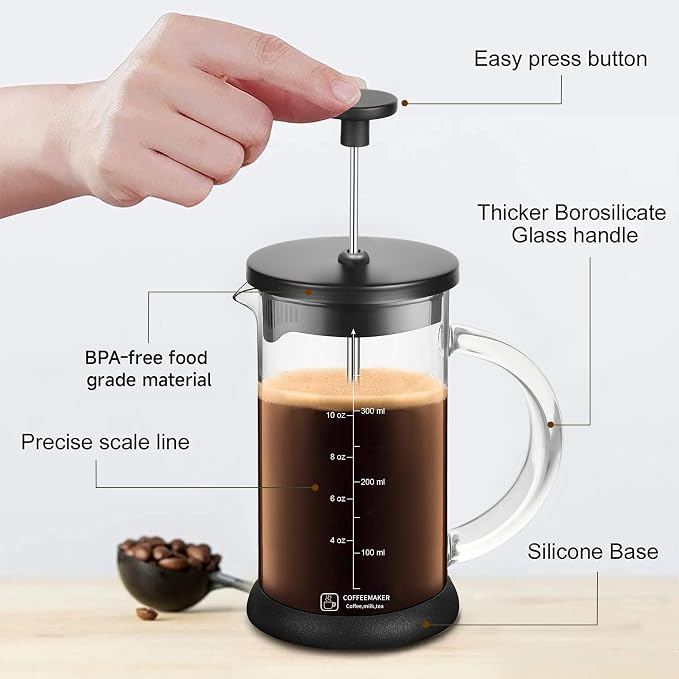 YMMIND French Press Coffee Maker 12 Ounce Espresso Tea Coffee Maker with 4 Filters System, Stainless Steel Plunger and Heat Resistant Borosilicate Glass BPA-Free Brewed Tea Pot Coffee Plunger