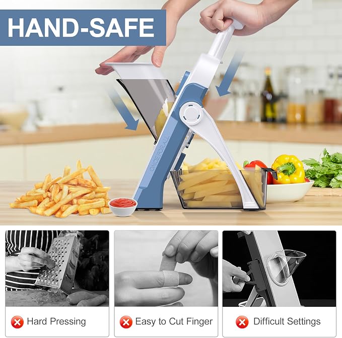 5 in 1 Adjustable Safe Mandoline Slicer for Kitchen with Paring Knife | Safe Mandoline Slicer for Kitchen, Easy to Clean/Storage, Potato Slicing, Strips, Shredding, Dicing, Chop, Cleaning brush