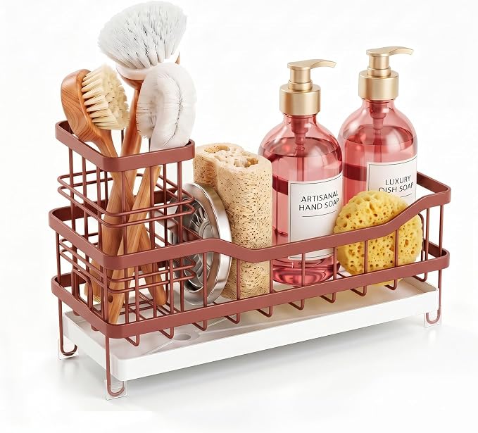 Sink Caddy, Sponge Holder for Kitchen Sink, Brown | Self-draining Sink Organizer with Removable Brush Holder, Metal Sponge Rack for Countertop, Fits Soap Dispenser & Scrubber