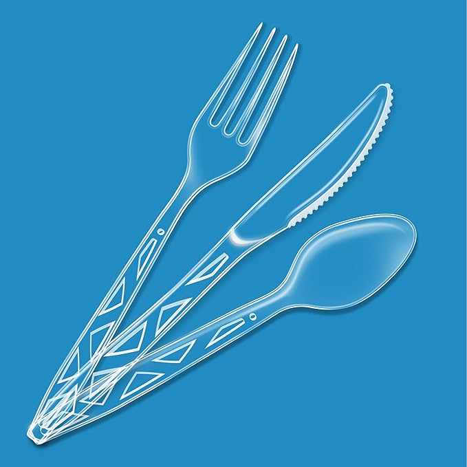 Amazon Basics Disposable Clear Plastic Cutlery Set, Premium Quality, Strong, 192 Count, Large Combo Pack Forks, Spoons and Knives (Pack of 6)