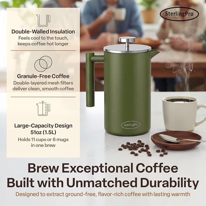 SterlingPro Large Insulated Stainless Steel French Press Coffee Maker 51oz Capacity (44 oz Brew Yield) – Double Wall Metal Coffee Press | Plastic Free | Cool-Touch | Green Finish | 12 Cups / 6 Mugs
