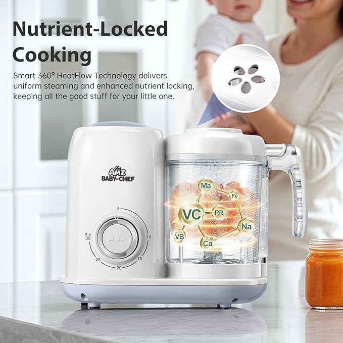 AMZBABYCHEF Baby Food Maker, 4 in 1 Baby Food Processor and Steamer, Puree Blender, Multifunctional Baby Puree Maker, Dishwasher Safe (White)
