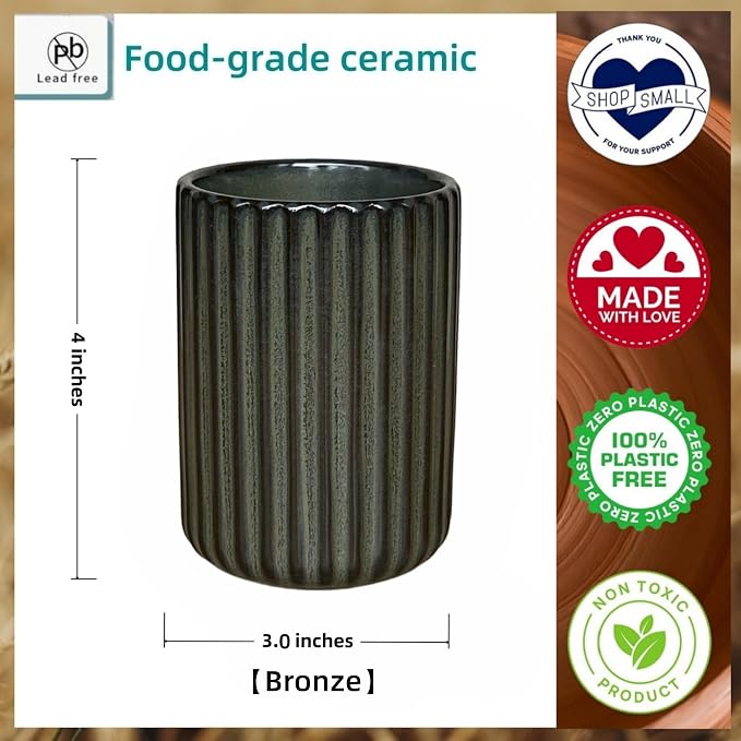 TOPYOKK Stoneware Coffee Bar Utensil Holder Tea & Coffee Spoon & Stirrer Holder for Stir Stick Straw Teaspoon Holder Espresso Spoon Cup Small Utensil Jar Fluted Vertical Stripe (Retro Bronze)