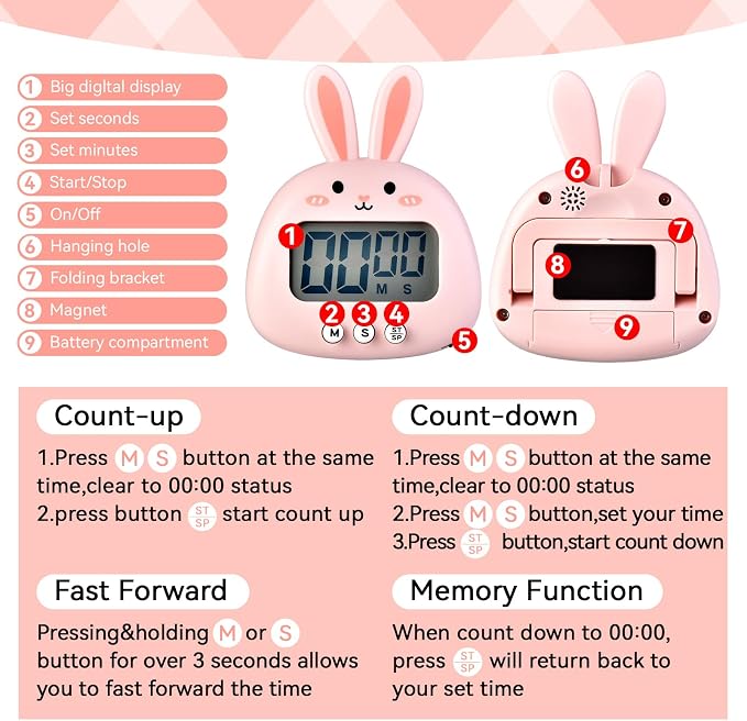 Cute Digital Desk Timer, Cute Digital Kitchen Timer Digital Magnetic Digital Cooking Timer LCD Large Screen Visual Clock Hangable Alarm Clock with Stand for Family School Office