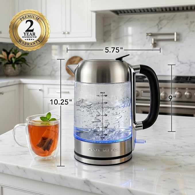 OVENTE 1.8L Glass Electric Kettle Water Boiler, Silver KG71S | 1500W Fast Boiling, Easy Fill Lid, Borosilicate Glass, BPA-Free, Blue LED, Auto Shut-Off, Boil-Dry Protection, Cordless