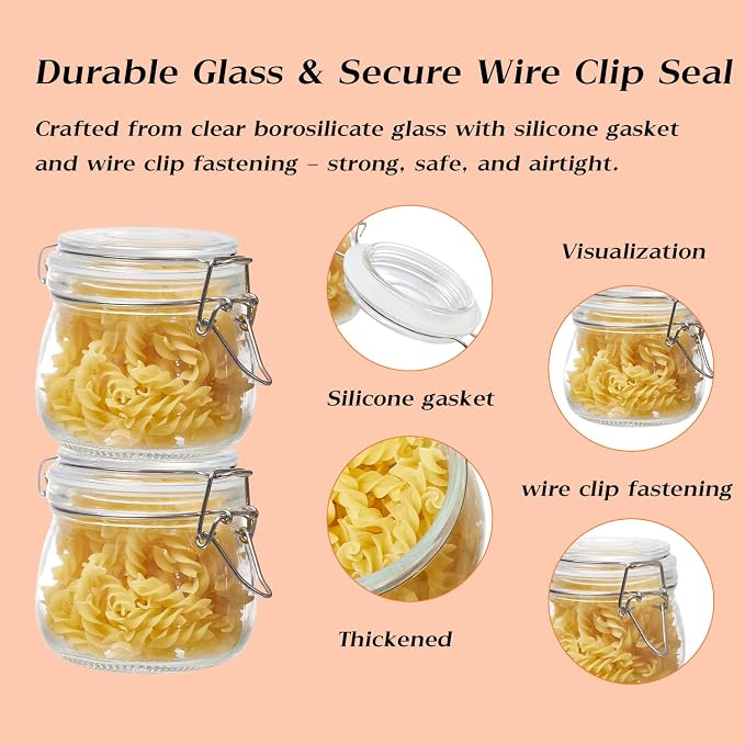 BJONKZ 6 Pack 17 oz Glass Jars with Airtight Lids – Food Storage Containers with Preserving Seal Wire Clip Fastening, Glass Canisters for Kitchen Canning Flour, Cereal, Sugar, Beans (17oz*6)