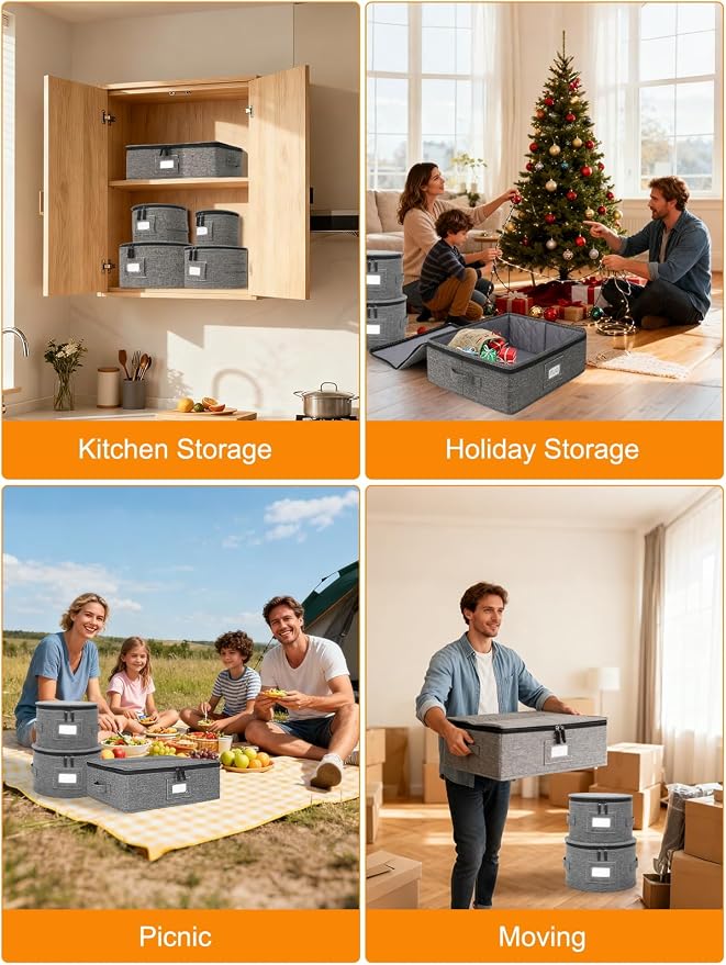 punemi China Storage Containers, 6-Piece Hard Shell Set for Moving Boxes | Mug, cup and wine glass organizers with dividers and carry handles for dinnerware, glassware and stemware, grey