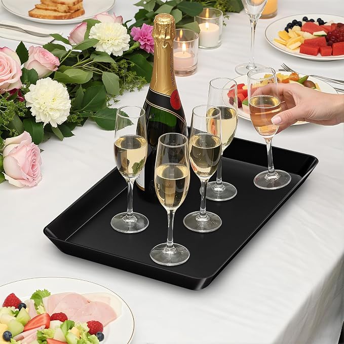SpaceTrove 6-Pack Serving Tray Set, Reusable Plastic Serving Platter for Party Supplies, Entertaining, Grilling Accessories, Stackable Kitchen Snack Box Container for Dessert, Fruit, Cookie, (Black)