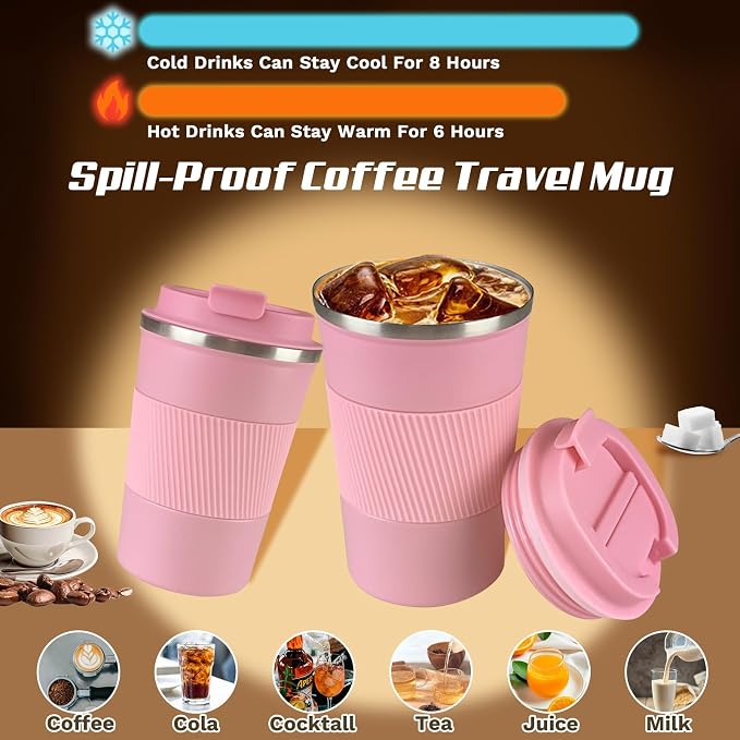 Stainless Steel Travel Coffee Mug with Lid, Vacuum Insulated Leak Proof Cup | Double wall vacuum insulation keeps drinks hot or cold for hours. Leak proof lid and non-slip grip for travel, office and car