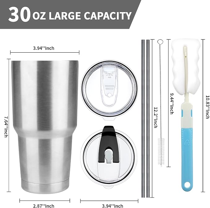 30 oz Tumbler with Lids and Straws, Stainless Steel Insulated Coffee Tumbler, Double Wall Vacuum Insulated Travel Mug Cup, Leakproof Thermal Coffee Cup for Hot and Cold Drinks(Silver)