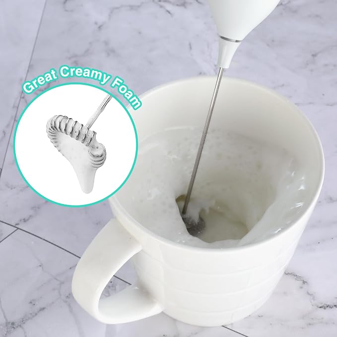 HAUSHOF Handheld Rechargeable Milk Frother Wand, Electric Coffee Mixer | Portable Coffee Frother, Detachable Stainless Steel Whisk, Drink Mixer for Matcha, Latte, Cappuccino, No Stand, White