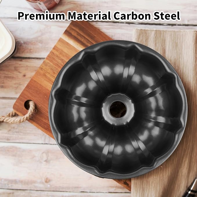 Novery 2PCS 9.5" Non-Stick Carbon Steel Fluted Tube Cake Pans | For Pound Cake Jello Gelatin Flan Chocoflan, Heavy Duty, Non-Stick Easy Release, Sturdy Baking pan