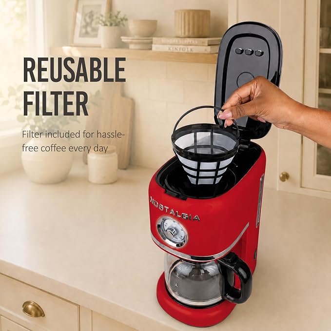 Nostalgia Classic Retro 10 Cup Coffee Maker - One-Touch Drip Brew, Reusable Filter - Anti-Drip, Auto Shutoff, & Time Display - Dishwasher Safe 50 oz Carafe - Red