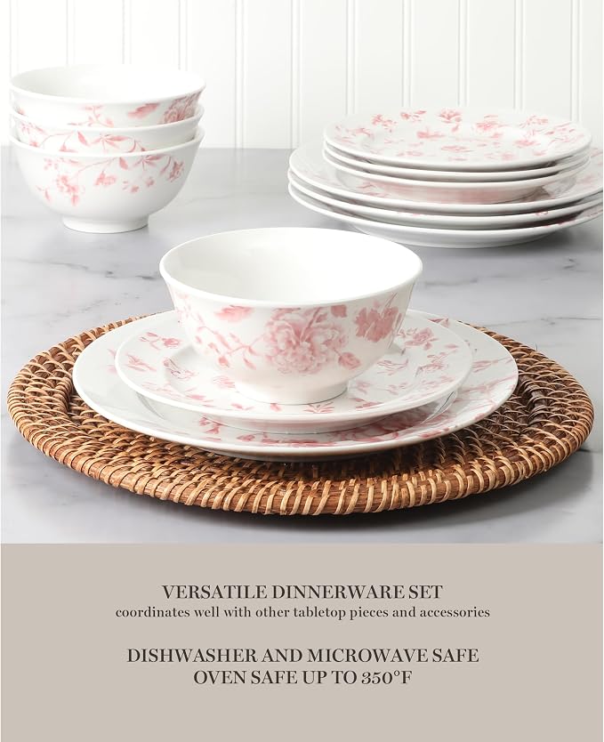 Martha Stewart Empress Bouquet 12-Piece Decorated Porcelain Chip and Scratch Resistant Dinnerware Plates and Bowls Set - Pink Floral