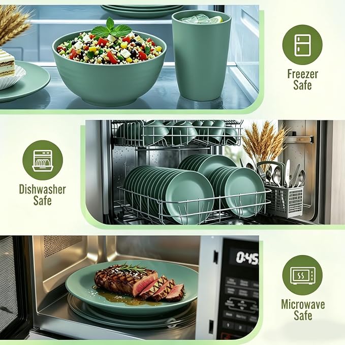 Wheat Straw Dinnerware Sets 40 PCS Unbreakable Dishes Set for Kitchen, Outdoor, Camping Dishes Plates and Bowls Sets with Cups, Dessert Plates, Dishwasher & Microwave Safe - Green