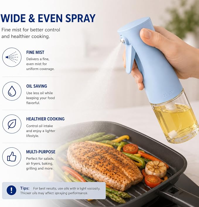 Zuutii Oil Sprayer for Cooking, 170ml Olive Oil Sprayer Mister, Olive Oil Spray Bottle for Salad, BBQ,Spray with Portion Control, Kitchen Baking, Roasting,Hairstyling (Light Blue)