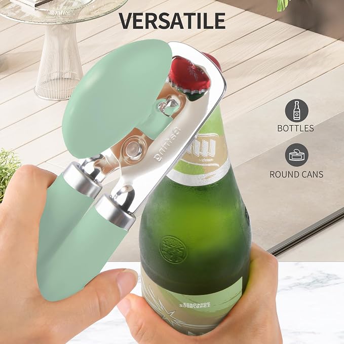 Safring Can Opener Manual, Heavy Duty Stainless Steel Smooth Edge Can Opener With Soft Touch Handle, Oversized Handheld Easy Turn Knob, Multi-Function Bottle Opener, Mint