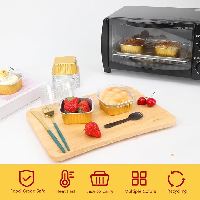 LNYZQUS 5oz Mini Cake Pans with Lids and Spoons, Disposable Brownie Tins | 40 Pack, Aluminum Foil, Square Cupcake Baking Cups, Individual Dessert Containers for Kids Party, Gold