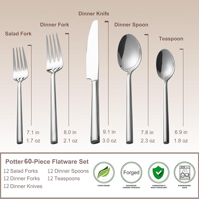 Alata Potter 60-Piece Forged Silverware Set Stainless Steel Flatware Set Cutlery Set, Service for 12, Mirror Finish, Dishwasher Safe