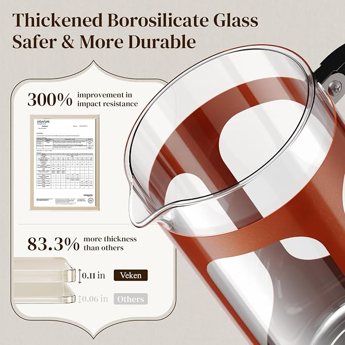 Veken French Press Coffee Maker,No Plastic Touches Cafe,21oz 0.6L Small Pot | Heat Resistant Thickened Borosilicate Glass Stainless Steel Brewer, Single Serve for Kitchen,Travel,Camping,Tea,Gifts, Copper