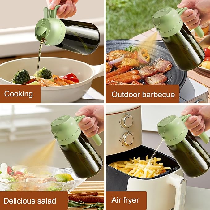 YARRAMATE 2PCS 16oz/470ml Oil Sprayer for Cooking with Stickers, Food-Grade 2 in 1 Olive Oil Dispenser Bottle for Kitchen, Premium Dark Green Glass Oil Bottle for Air Fryer, BBQ (White & Green)