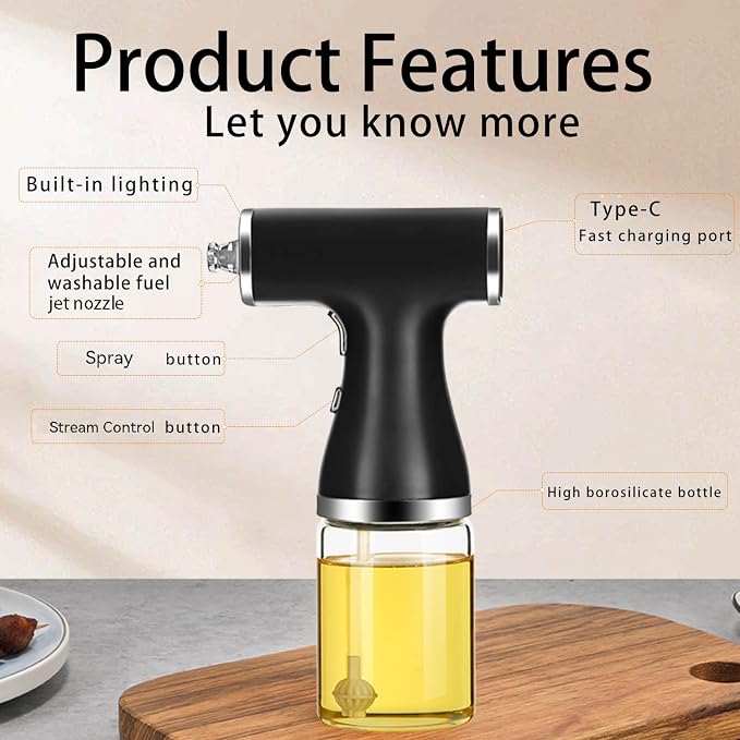 2-in-1 Electric Oil Sprayer Dispenser Automatic Olive Oil Misting Spray Stream Jet 9oz/260ml Glass Bottle for Cooking, Salad, Air Frying, Baking, BBQ, Built-in Rechargeable Battery (Black)