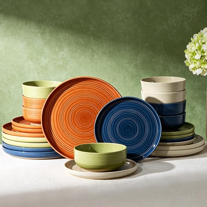 Dinnerware Set for 8, Ceramic Plates and Bowls, Multicolor | 24-Piece Ceramic Speckled Spiral Dishes, Chip & Scratch Resistant, Microwave & Dishwasher Safe, Everyday Use, Farmhouse Style