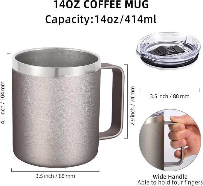 Volhoply 14oz Insulated Stainless Steel Coffee Mug with Lid Bulk 4 Pack,Double Wall Vacuum Travel Coffee Cup with Handle,Reusable Cups Tumbler Cup,Camping Mugs Keep Hot,Ideal Gifts(Gray,4 Set)