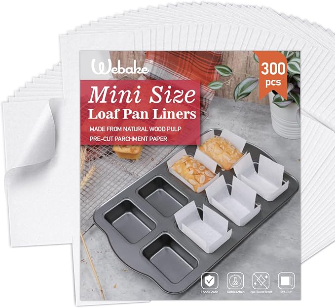 Webake 300pcs Unbleached Parchment Paper Mini Loaf Pan Liners Compatible with Wilton Mini Loaf Pan, Original Precut, Non Toxic Baking Papers for Banana Breads