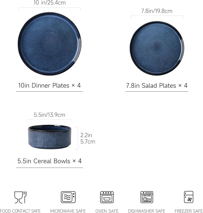 Stoneware Dinnerware Sets for 4, 12Pcs Plates and Bowls Set, Midnight Blue | Handmade Reactive Glaze Ceramic Dishes, Microwave and Dishwasher Safe, Modern Minimalist Ribbed Tableware for Everyday Use