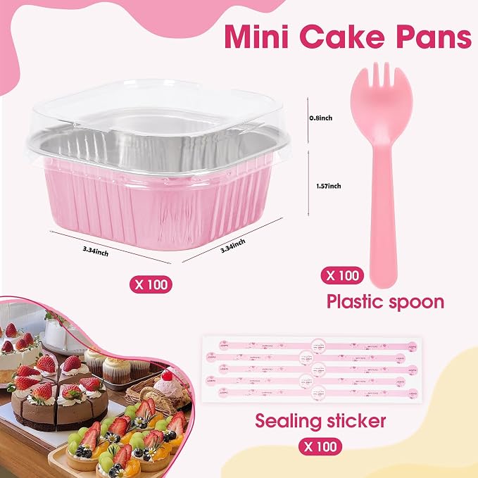 100 Pcs Mini Cake Pans with Lids, 10oz Square Aluminum Foil Brownie Baking Cups, Dessert Cupcake Cups with lids, Disposable Loaf Pans Cupcake for Wedding Birthday Party (Pink)