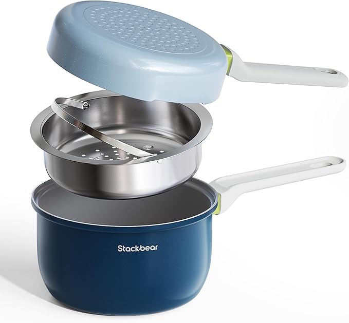 Ceramic Non Stick Cookware Set, 2.5QT Saucepan, 7" Egg Omelette Pan & 18/10 Stainless Steel Steamer, Induction Ready Frying & Sauce Pan Set, PTFE, PFOA & PFAS Free, Mix Blue
