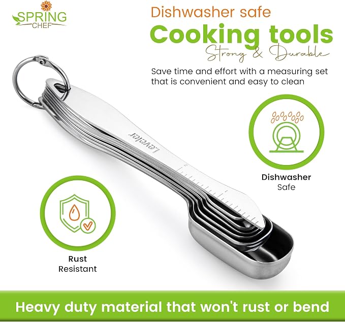 Spring Chef Stainless Steel Measuring Cups and Spoons Set of 14 w/Leveler | Nesting Metal Measuring Cups for Kitchen & Rectangular Teaspoon & Tablespoon Measuring Spoons for Dry and Liquid Ingredients